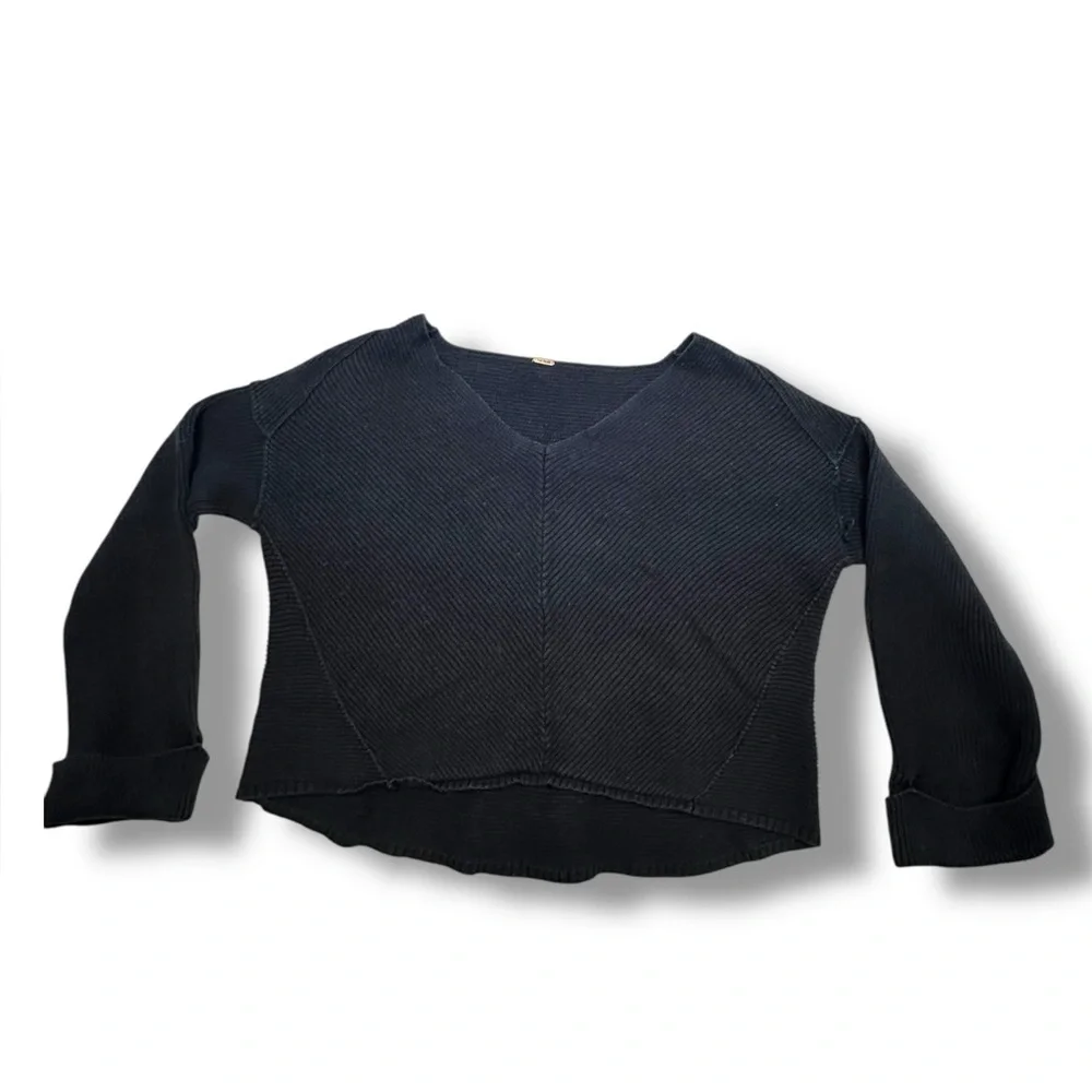 Free People Black Oversized 100% Cotton V-Neck Sweater OB533611 Fits Up to 2X